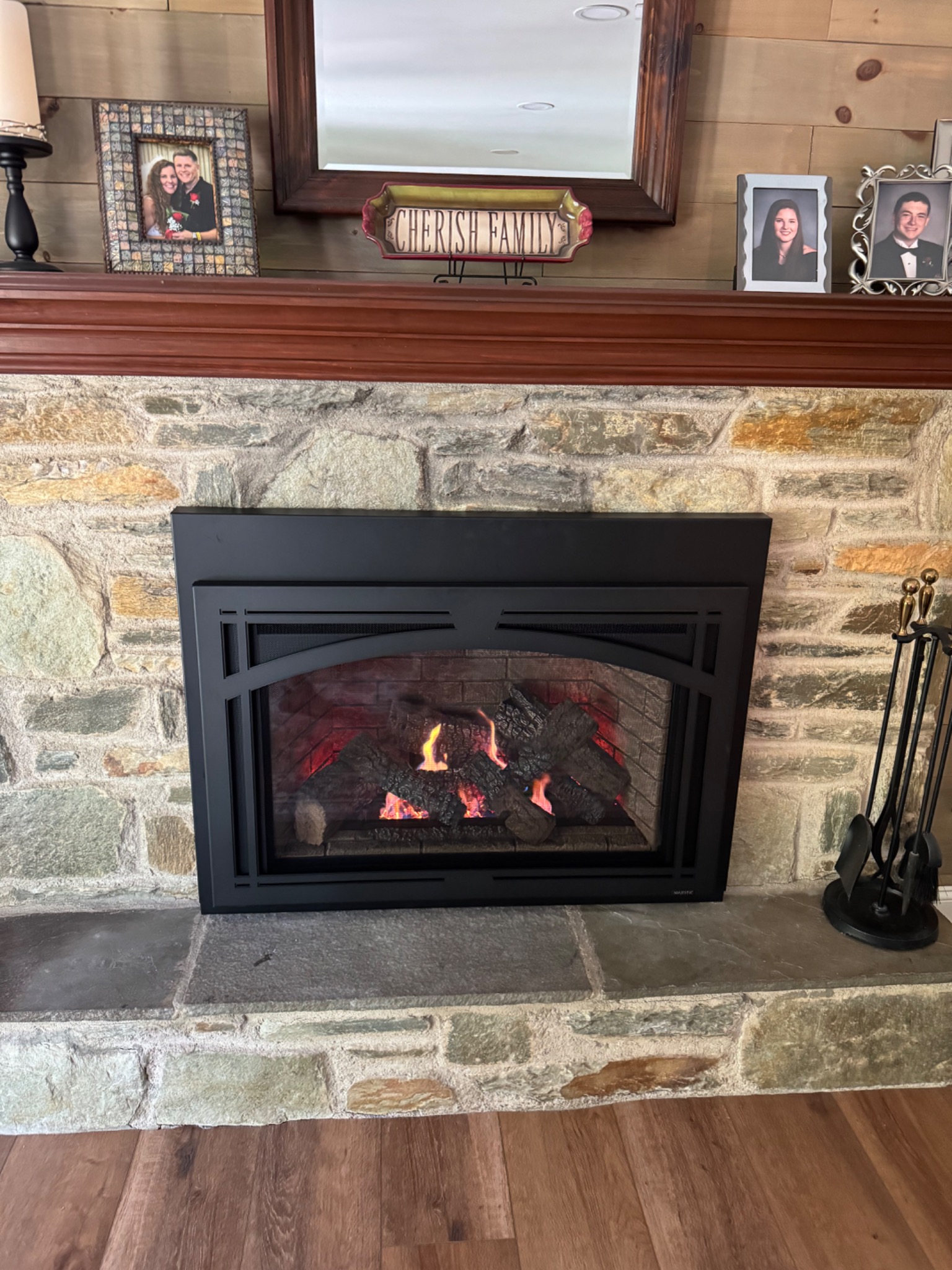 Majestic Trilliant 35 inch gas insert with black surround and Tuscan Arch front