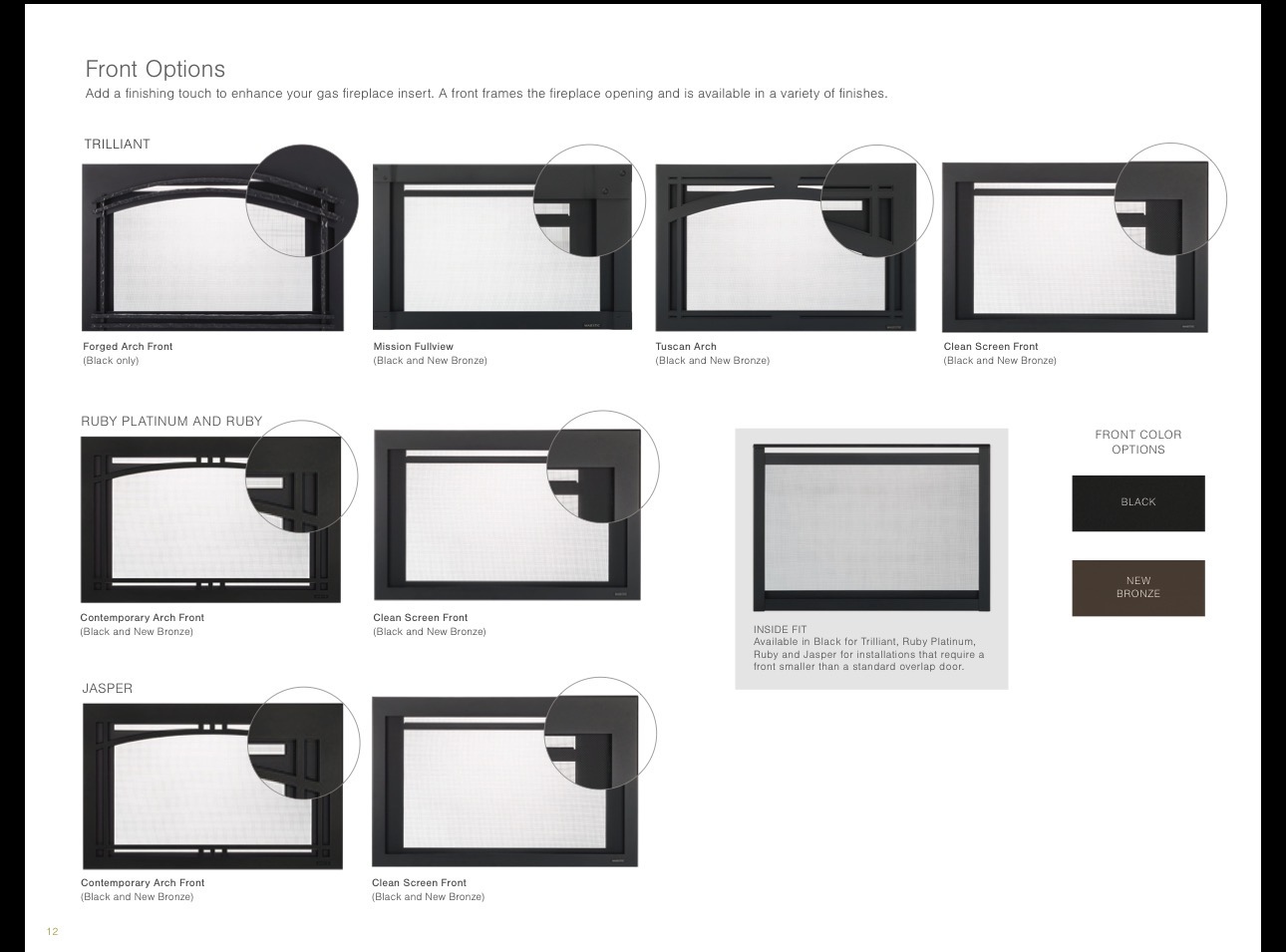 Majestic gas insert front options including Forged Arch, Mission Fullview, Tuscan Arch, and Clean Screen