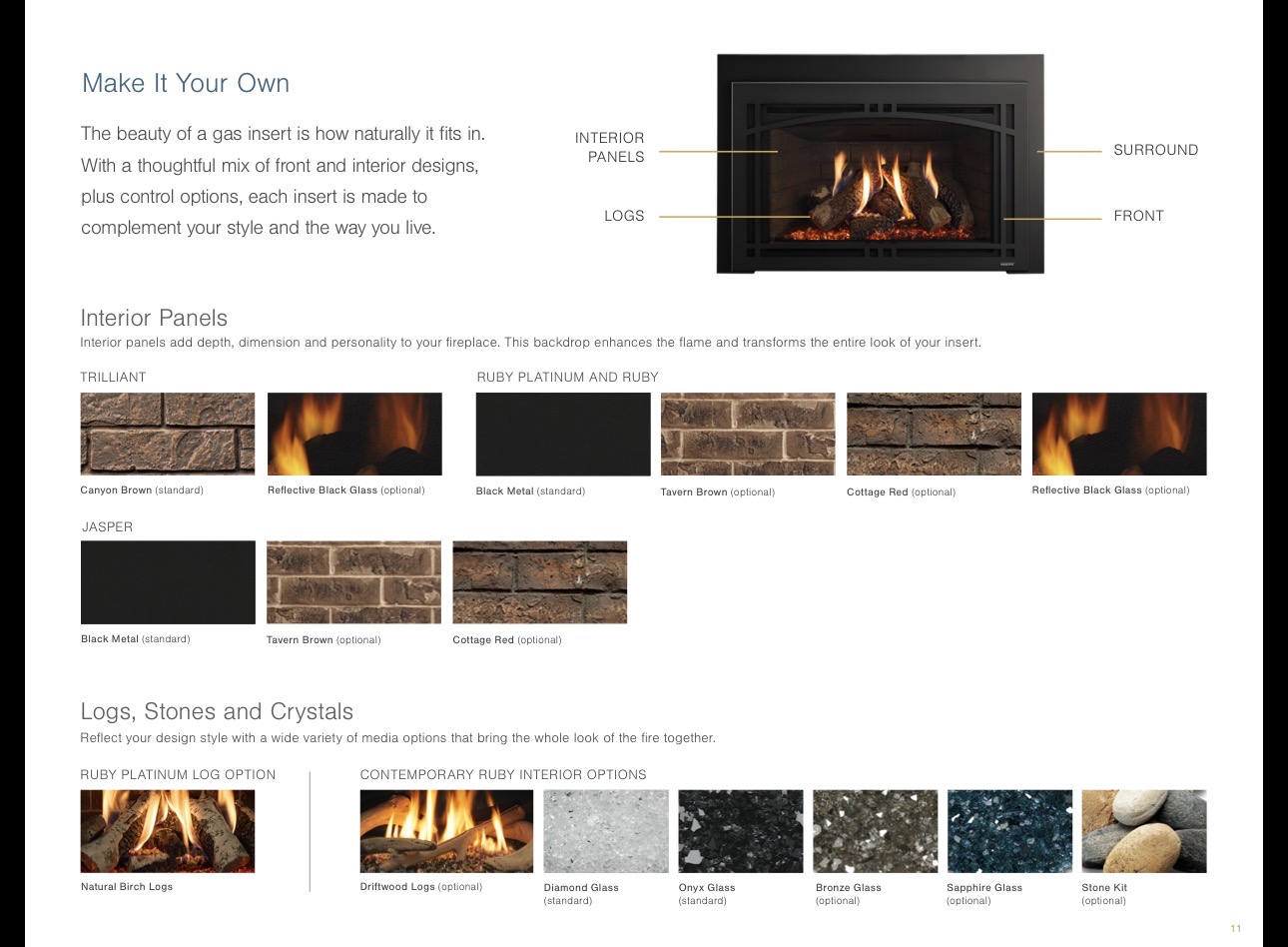 Majestic gas insert options for interior panels, logs, stones, and crystals